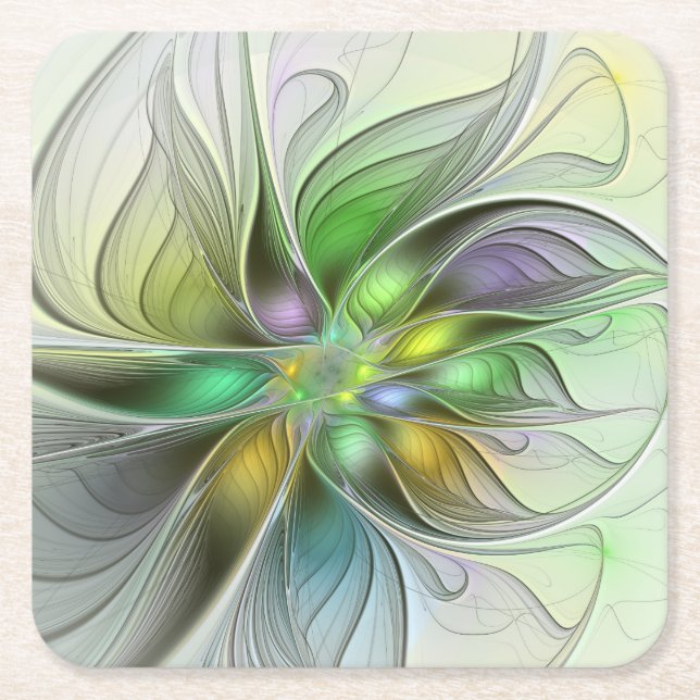 Colourful Fantasy Flower Modern Abstract Fractal Square Paper Coaster (Front)