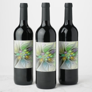 Colourful Fantasy Flower Modern Abstract Fractal Wine Label