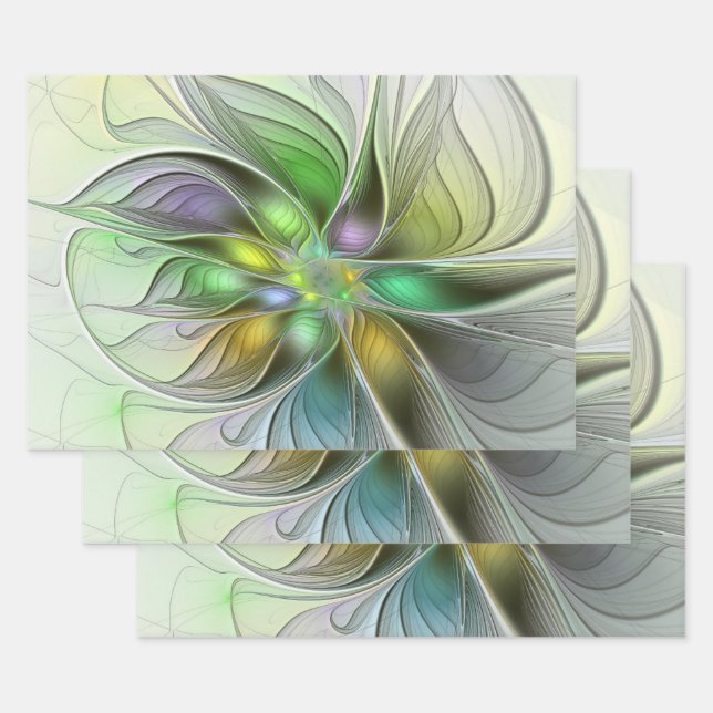 Colourful Fantasy Flower Modern Abstract Fractal Wrapping Paper Sheet (Set)
