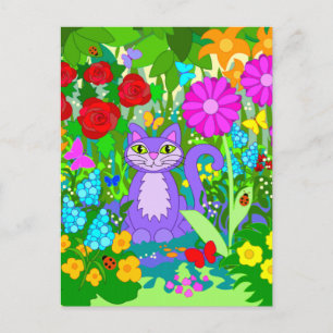 Colourful Fantasy Garden Smiling Cat Butterflies Postcard