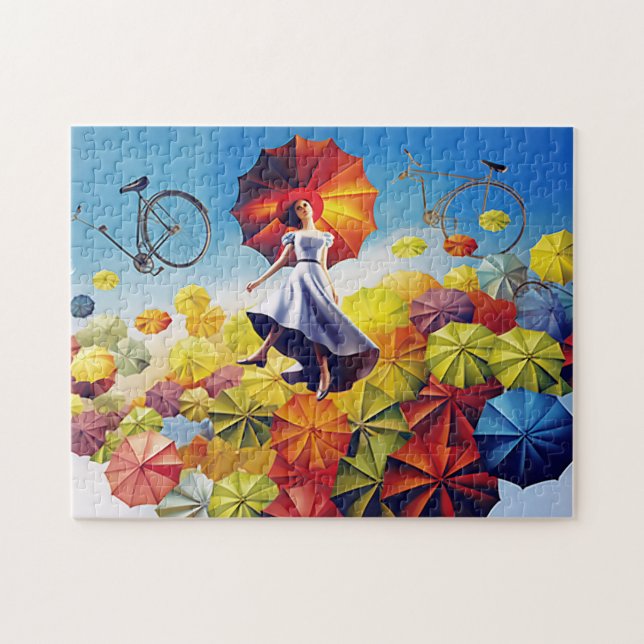 Colourful Fantasy Imagination Girl with Umbrellas Jigsaw Puzzle (Horizontal)