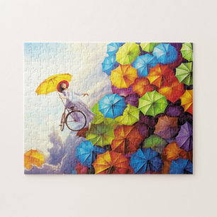 Colourful Fantasy Imagination Girl with Umbrellas Jigsaw Puzzle