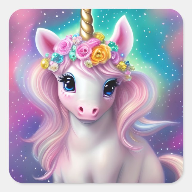 Colourful Fantasy Kawaii Unicorn  Square Sticker (Front)