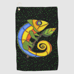 Colourful Fantasy Lizard Holding Twig Leaf Dots Golf Towel