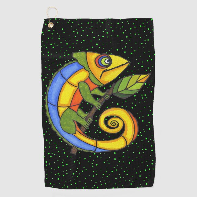 Colourful Fantasy Lizard Holding Twig Leaf Dots Golf Towel (Front)