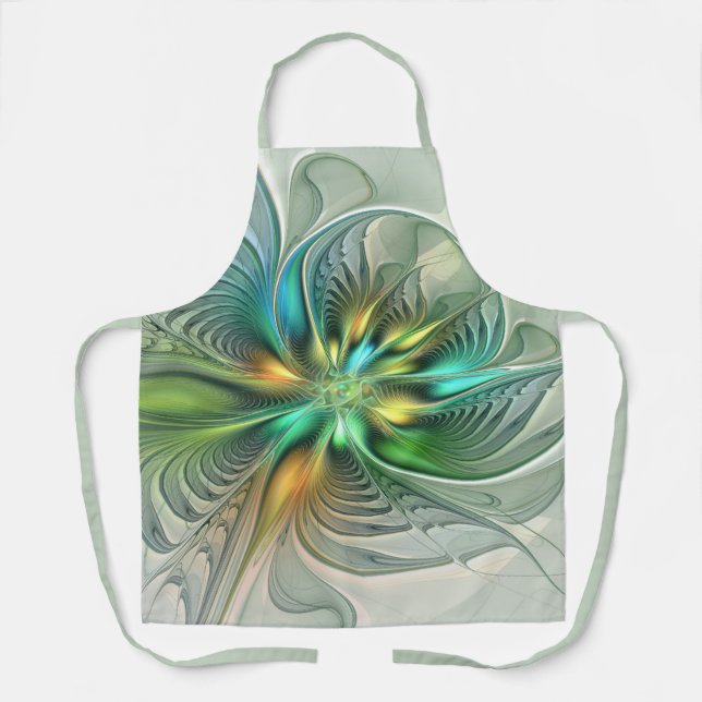 Colourful Fantasy Modern Abstract Flower Fractal Apron (Front)