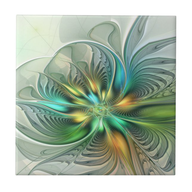 Colourful Fantasy Modern Abstract Flower Fractal Ceramic Tile (Front)