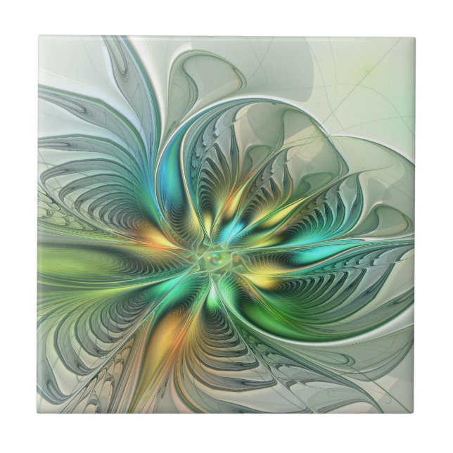 Colourful Fantasy Modern Abstract Flower Fractal Ceramic Tile (Front)