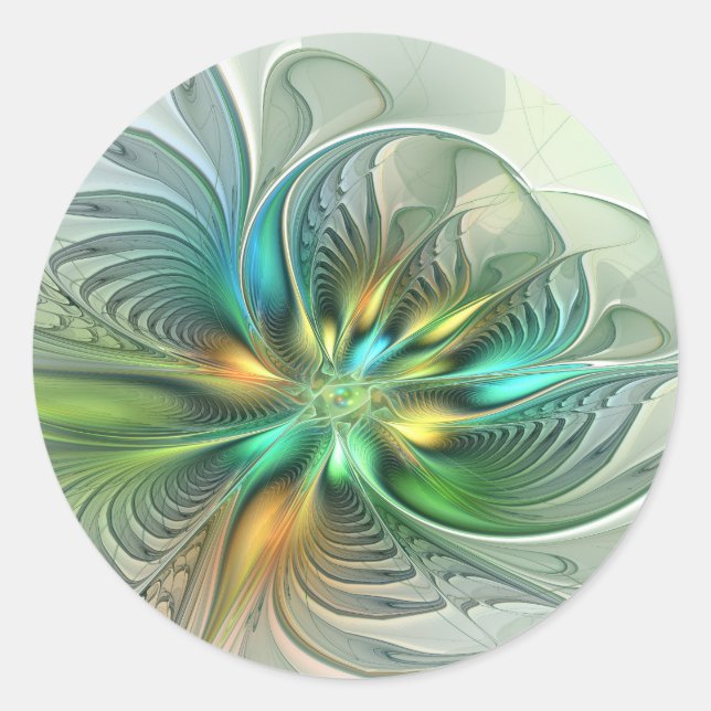Colourful Fantasy Modern Abstract Flower Fractal Classic Round Sticker (Front)