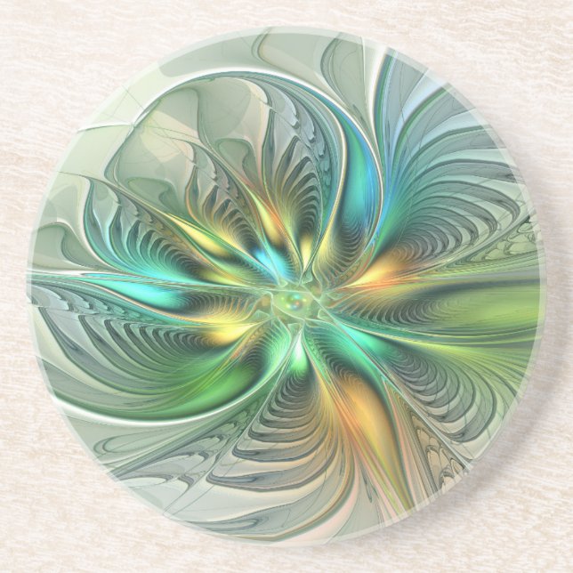 Colourful Fantasy Modern Abstract Flower Fractal Coaster (Front)