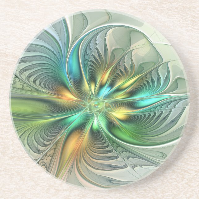 Colourful Fantasy Modern Abstract Flower Fractal Coaster (Front)
