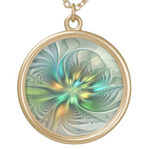 Colourful Fantasy Modern Abstract Flower Fractal Gold Plated Necklace