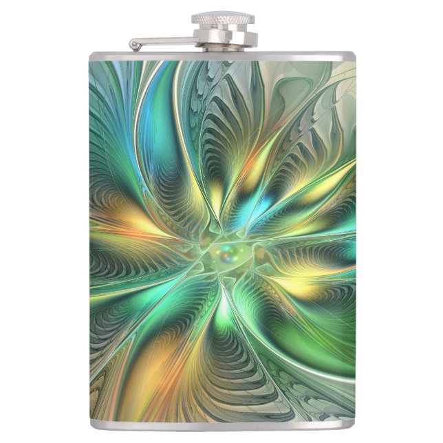 Colourful Fantasy Modern Abstract Flower Fractal Hip Flask (Front)