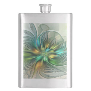Colourful Fantasy Modern Abstract Flower Fractal Hip Flask