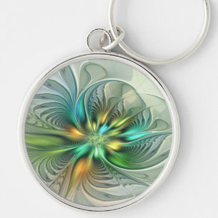 Colourful Fantasy Modern Abstract Flower Fractal Key Ring