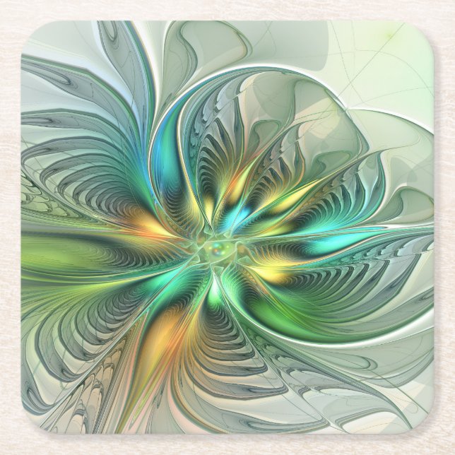 Colourful Fantasy Modern Abstract Flower Fractal Square Paper Coaster (Front)