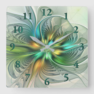 Colourful Fantasy Modern Abstract Flower Fractal Square Wall Clock