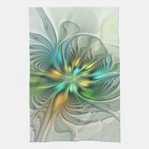 Colourful Fantasy Modern Abstract Flower Fractal Tea Towel