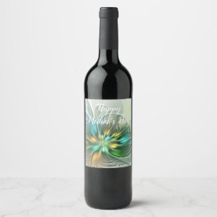 Colourful Fantasy Modern Abstract Flower Fractal Wine Label