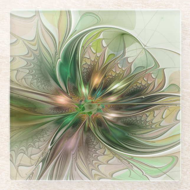 Colourful Fantasy Modern Abstract Fractal Flower Glass Coaster (Front)