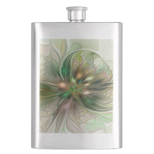 Colourful Fantasy Modern Abstract Fractal Flower Hip Flask