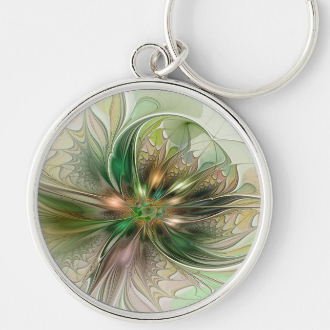 Colourful Fantasy Modern Abstract Fractal Flower Key Ring (Front)