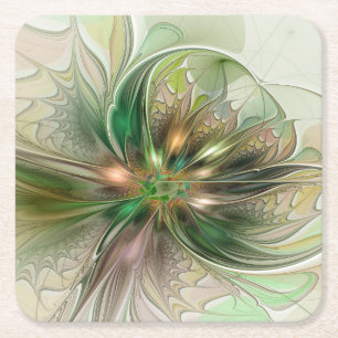 Colourful Fantasy Modern Abstract Fractal Flower Square Paper Coaster