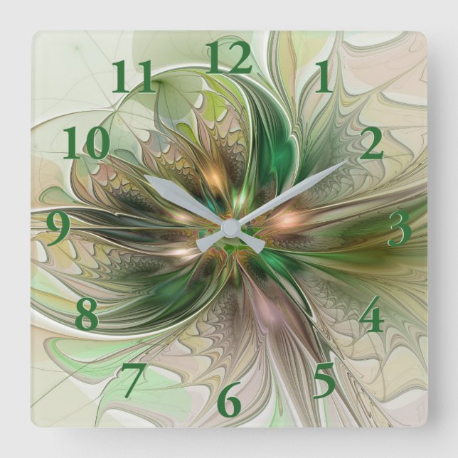 Colourful Fantasy Modern Abstract Fractal Flower Square Wall Clock (Front)