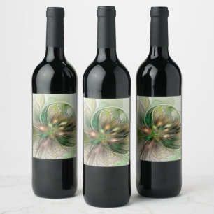 Colourful Fantasy Modern Abstract Fractal Flower Wine Label