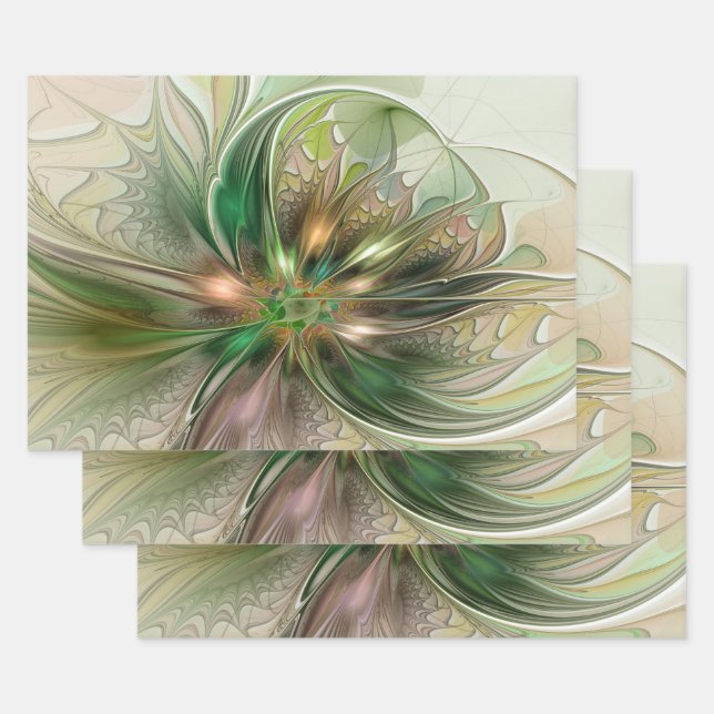 Colourful Fantasy Modern Abstract Fractal Flower Wrapping Paper Sheet (Set)