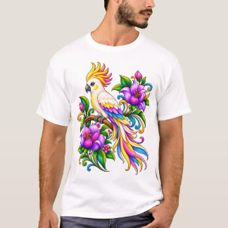 Colourful Fantasy Parrot with Tropical Flowers T-Shirt
