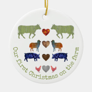 Colourful Farm Animals Cute First Family Christmas Ceramic Ornament