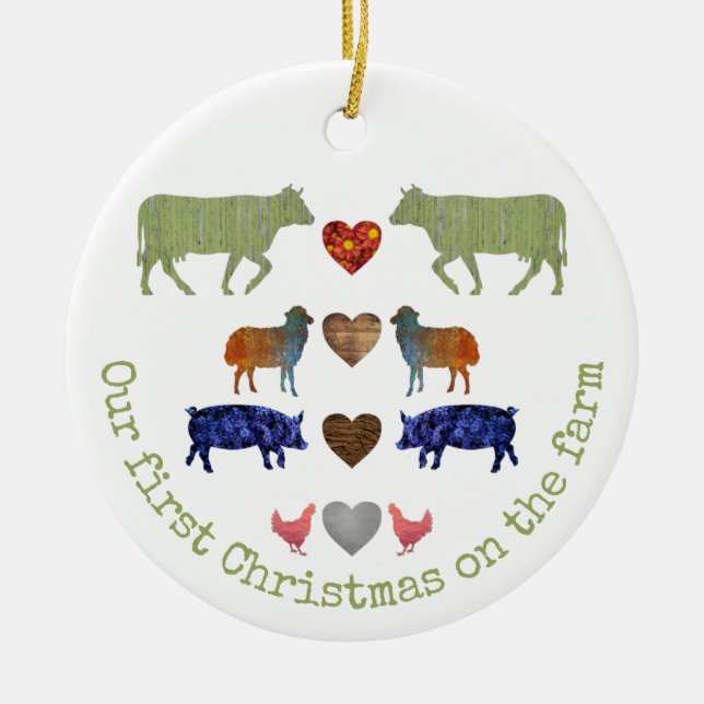 Colourful Farm Animals Cute First Family Christmas Ceramic Ornament (Front)