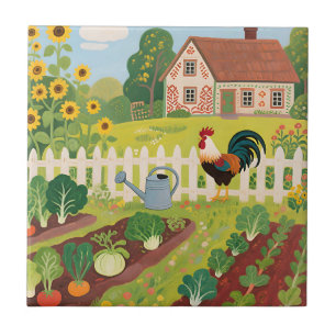 Colourful Farm Garden Rooster Ceramic Tile