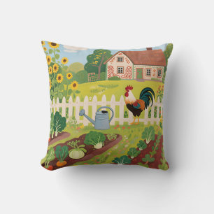 Colourful Farm Garden Rooster Cushion