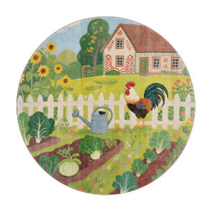 Colourful Farm Garden Rooster Cutting Board