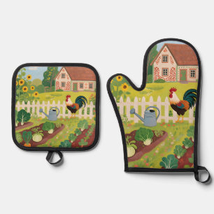 Colourful Farm Garden Rooster Oven Mitt & Pot Holder Set