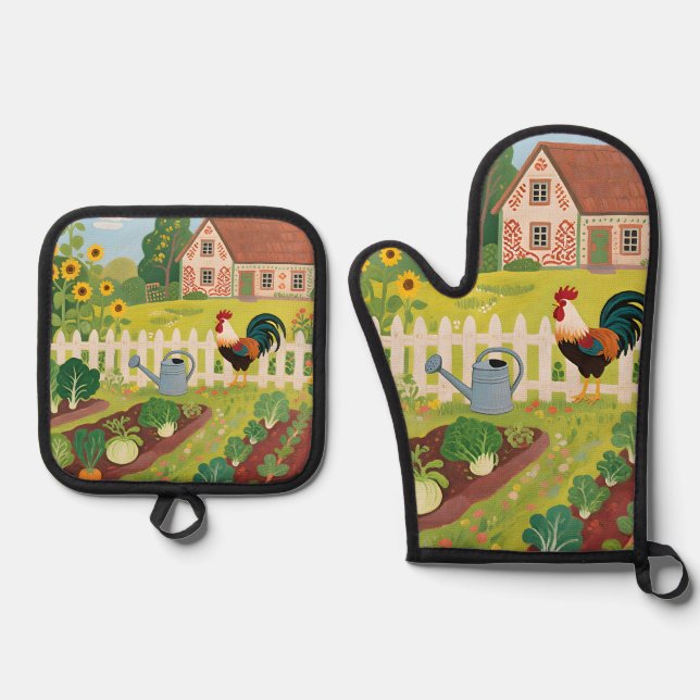 Colourful Farm Garden Rooster Oven Mitt & Pot Holder Set (Front)