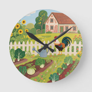 Colourful Farm Garden Rooster Round Clock