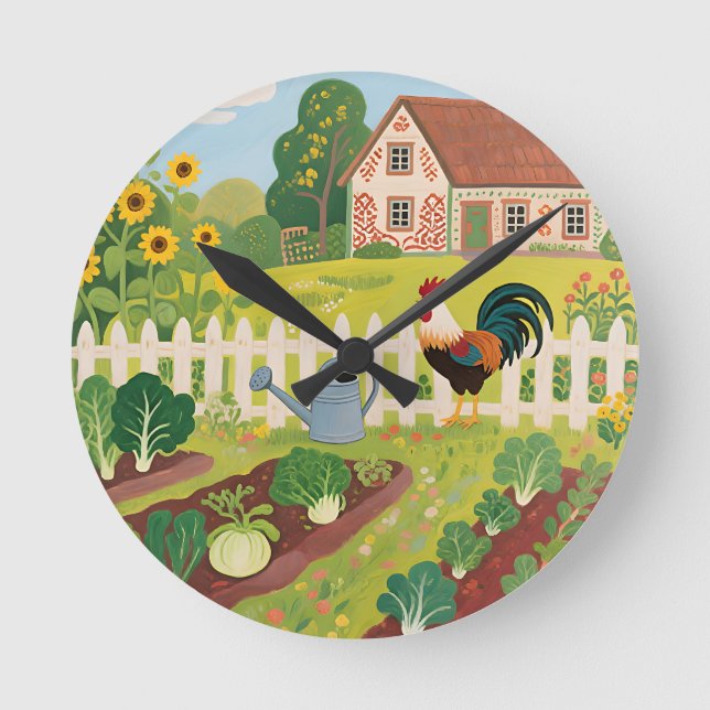 Colourful Farm Garden Rooster Round Clock (Front)