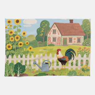 Colourful Farm Garden Rooster Tea Towel