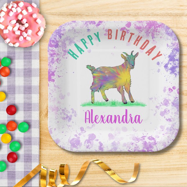 Colourful Farm Goat Girls Birthday Party Name Paper Plate (Cute goat colorful farm animal happy birthday party custom party paper plate)