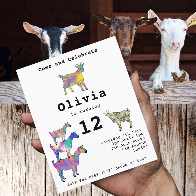 Colourful Farm Goats 12th Birthday Party Budget (Cute goats colorful farm animal a watercolor art 12th birthday party invitation & modern Typography)
