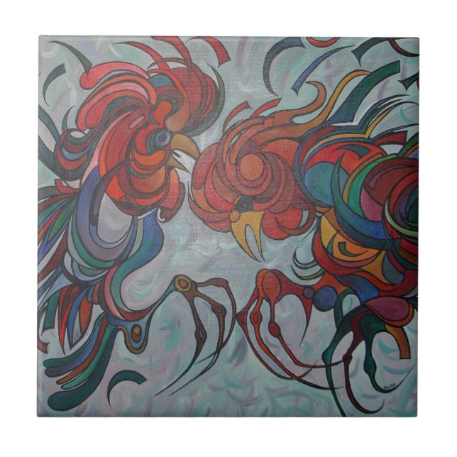 Colourful Farmyard Roosters Ceramic Tile (Front)