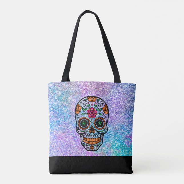 Colourful faux flitter and retro sugar skull tote bag (Back)