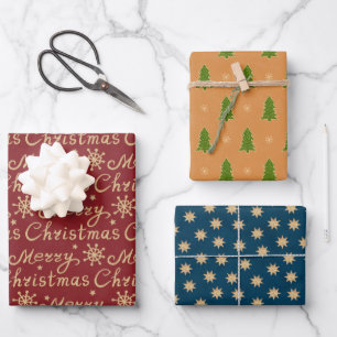 Colourful Faux Gold Merry Christmas Trees Stars Wrapping Paper Sheet