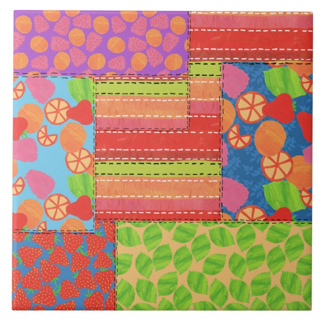 Colourful Faux Patchwork of Summer Fruits Patterns Ceramic Tile (Front)