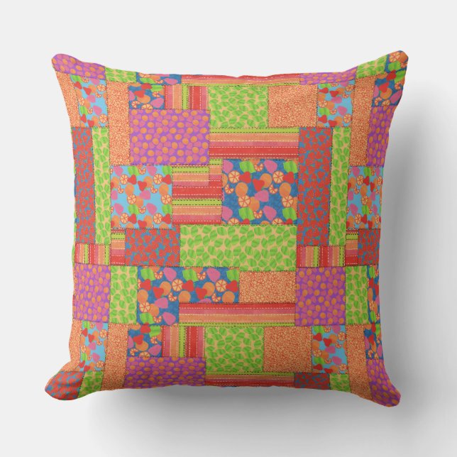Colourful Faux Patchwork of Summer Fruits Patterns Cushion (Front)