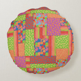 Colourful Faux Patchwork of Summer Fruits Patterns Round Cushion