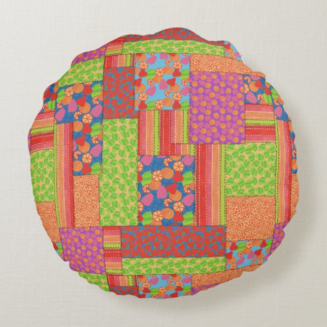 Colourful Faux Patchwork of Summer Fruits Patterns Round Cushion (Back)